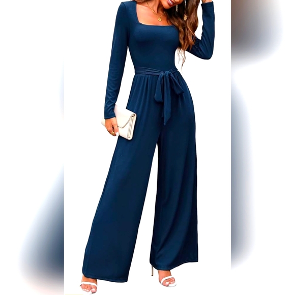 Pants - Women's Navy Blue Long Sleeve Square Neck Belted Wide Leg Jumpsuit (Size M)
